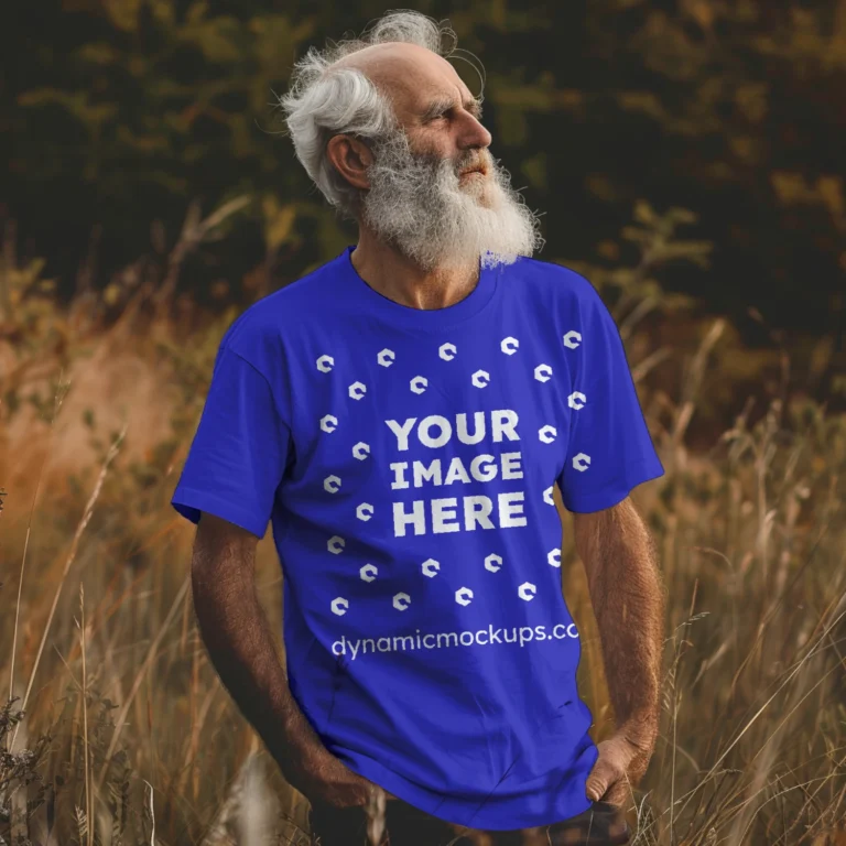 Man Wearing Blue T-shirt Mockup Front View Template