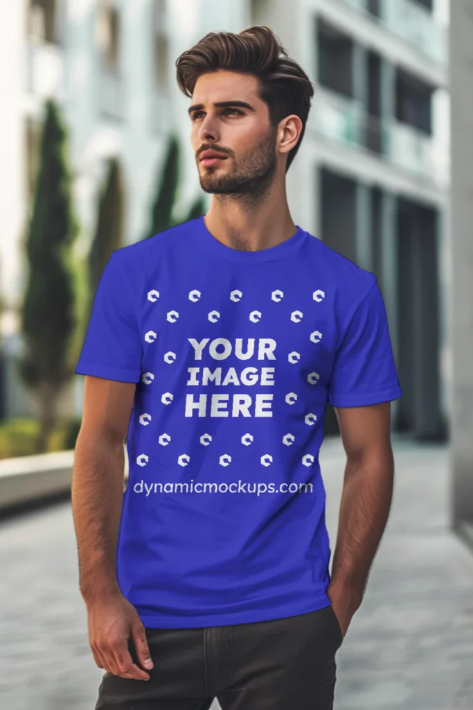 Man Wearing Blue T-shirt Mockup Front View Template