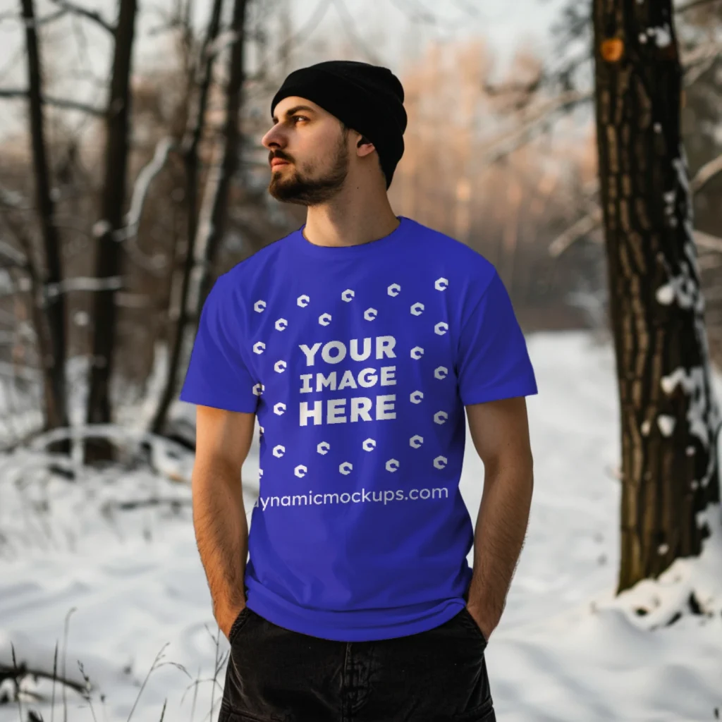 Man Wearing Blue T-shirt Mockup Front View Template