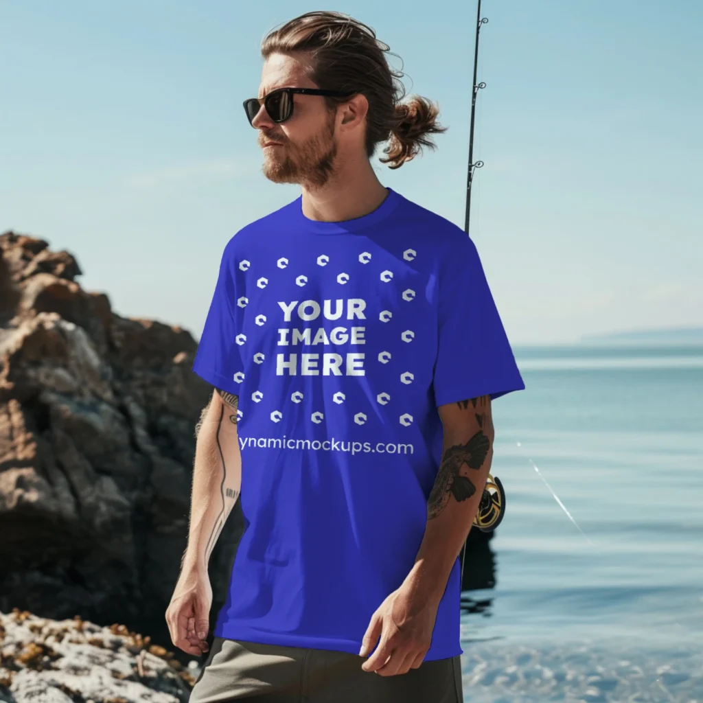 Man Wearing Blue T-shirt Mockup Front View Template