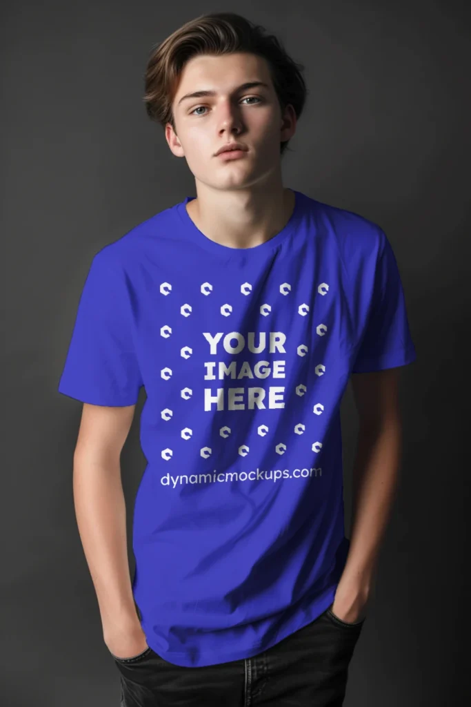 Man Wearing Blue T-shirt Mockup Front View Template