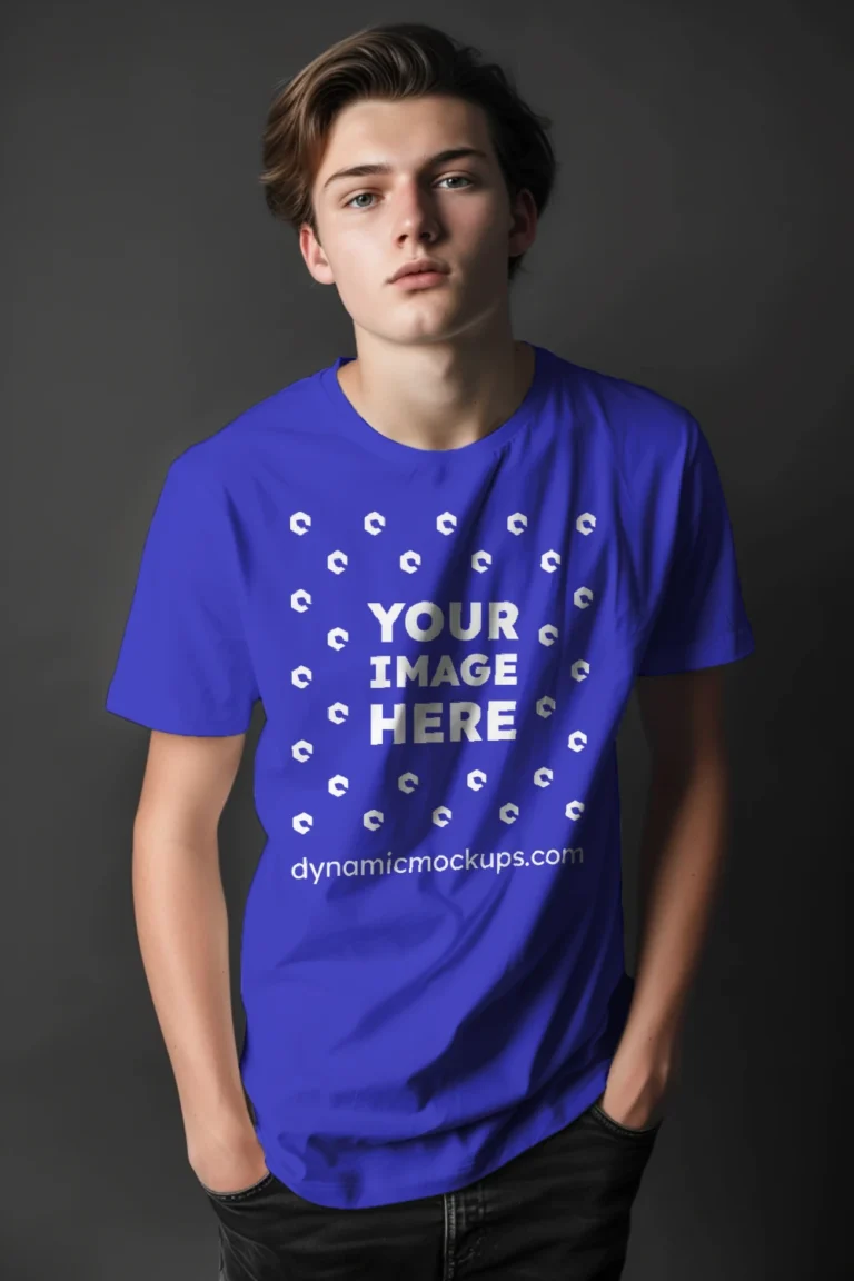 Man Wearing Blue T-shirt Mockup Front View Template