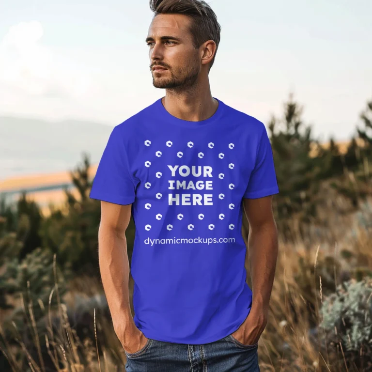 Man Wearing Blue T-shirt Mockup Front View Template