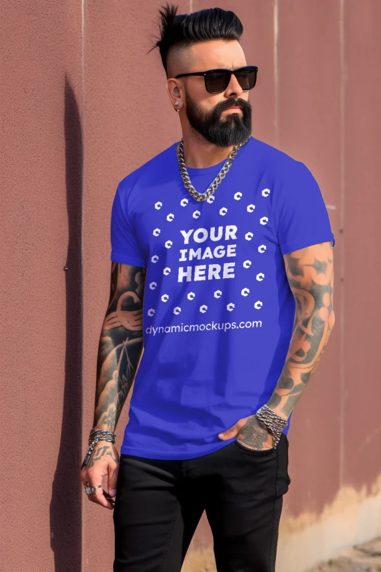 Man Wearing Blue T-shirt Mockup Front View Template