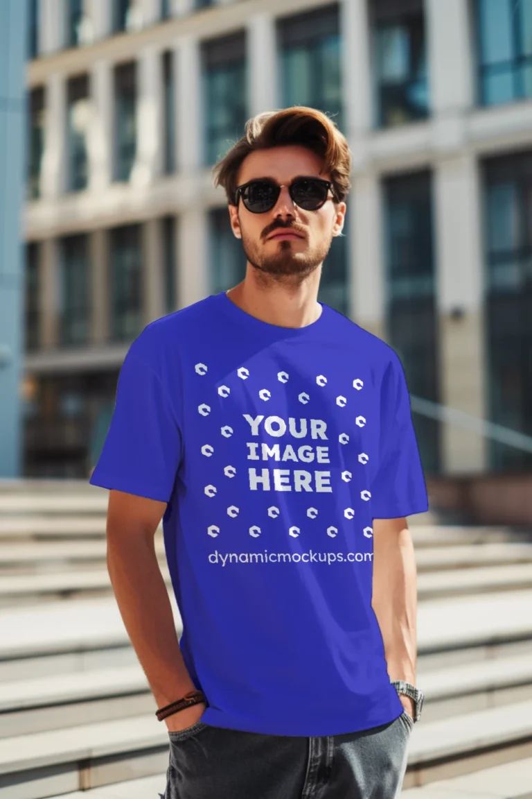 Man Wearing Blue T-shirt Mockup Front View Template