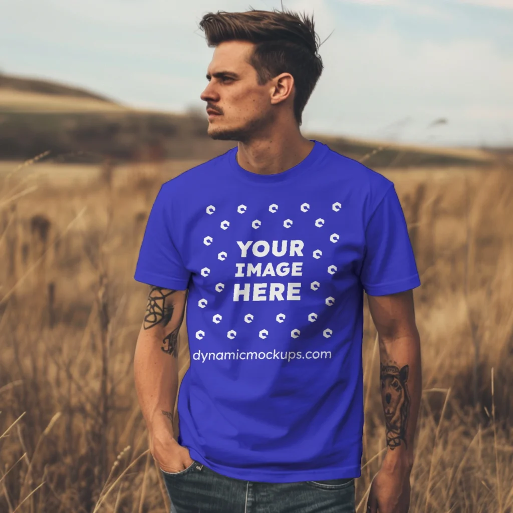 Man Wearing Blue T-shirt Mockup Front View Template