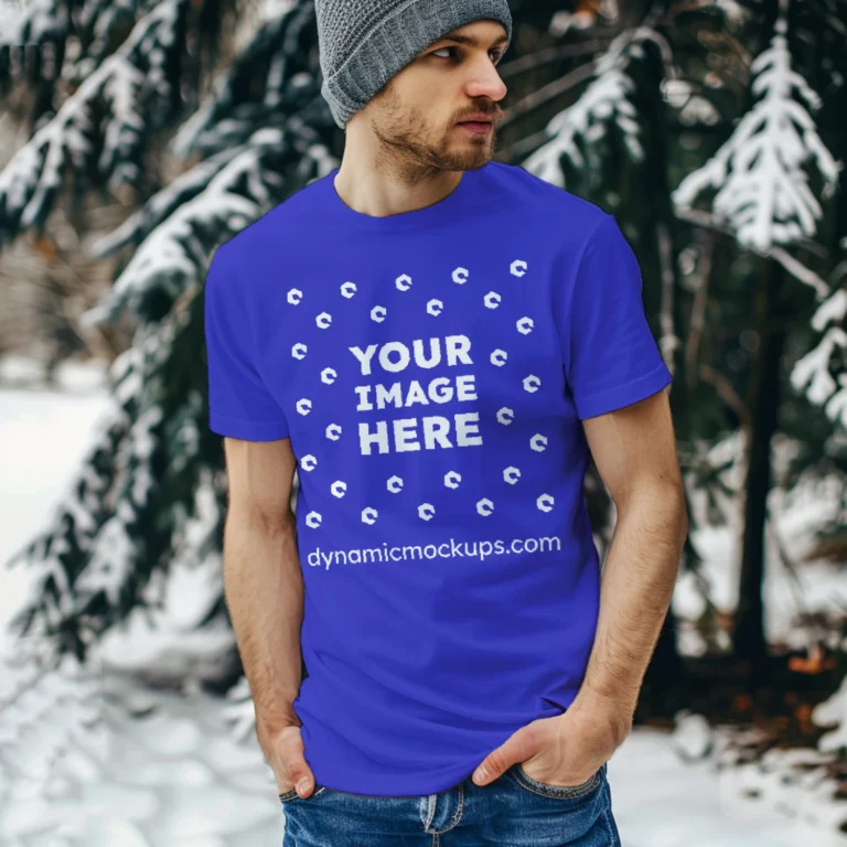 Man Wearing Blue T-shirt Mockup Front View Template