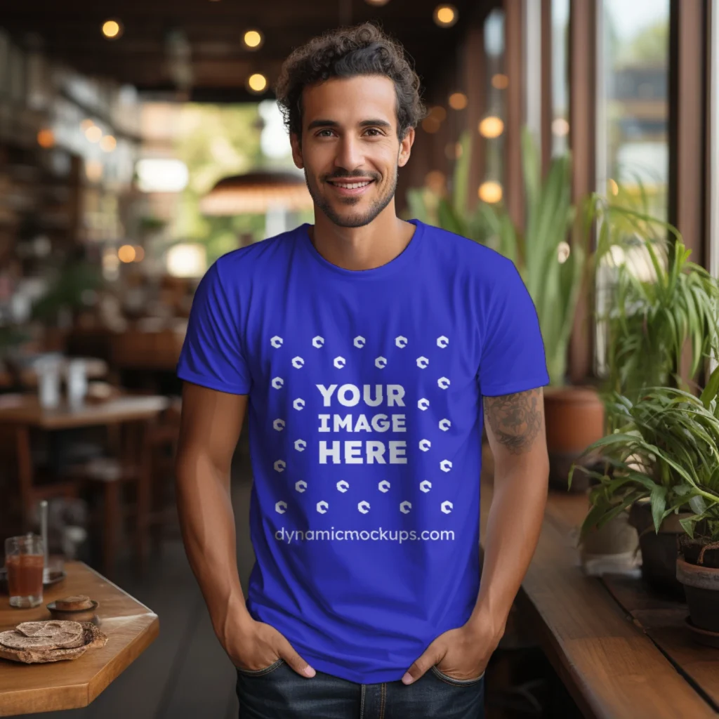 Man Wearing Blue T-shirt Mockup Front View Template