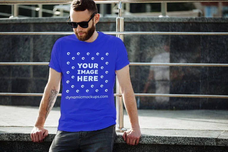 Man Wearing Blue T-shirt Mockup Front View Template