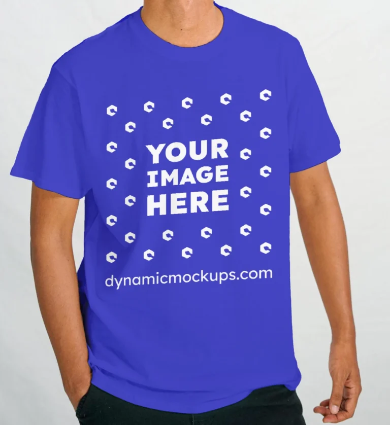 Man Wearing Blue T-shirt Mockup Front View Template