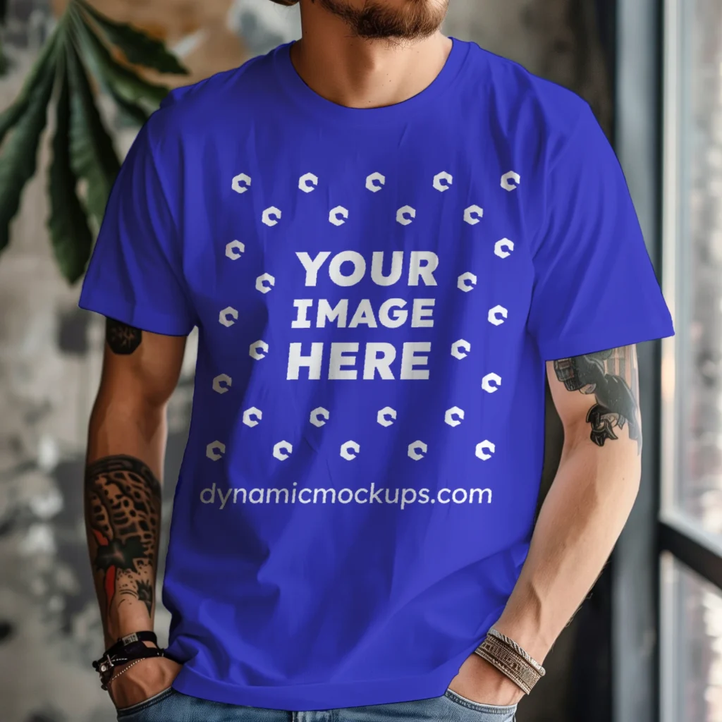 Man Wearing Blue T-shirt Mockup Front View Template