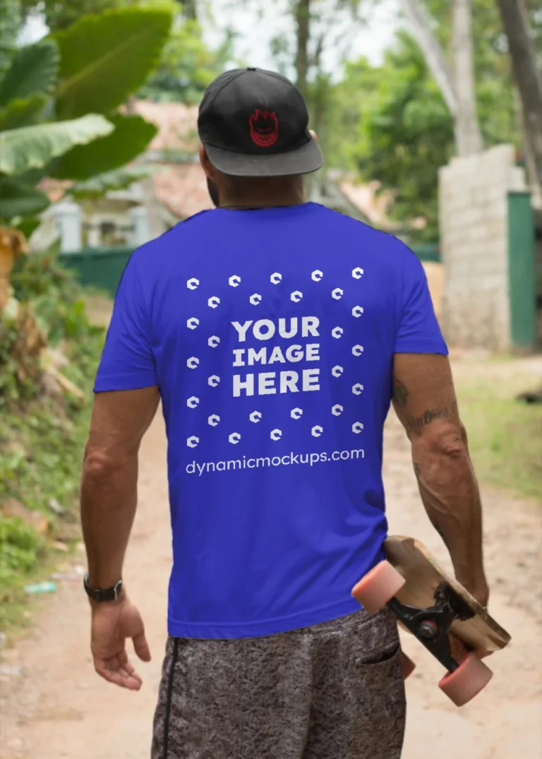 Man Wearing Blue T-shirt Mockup Back View Template