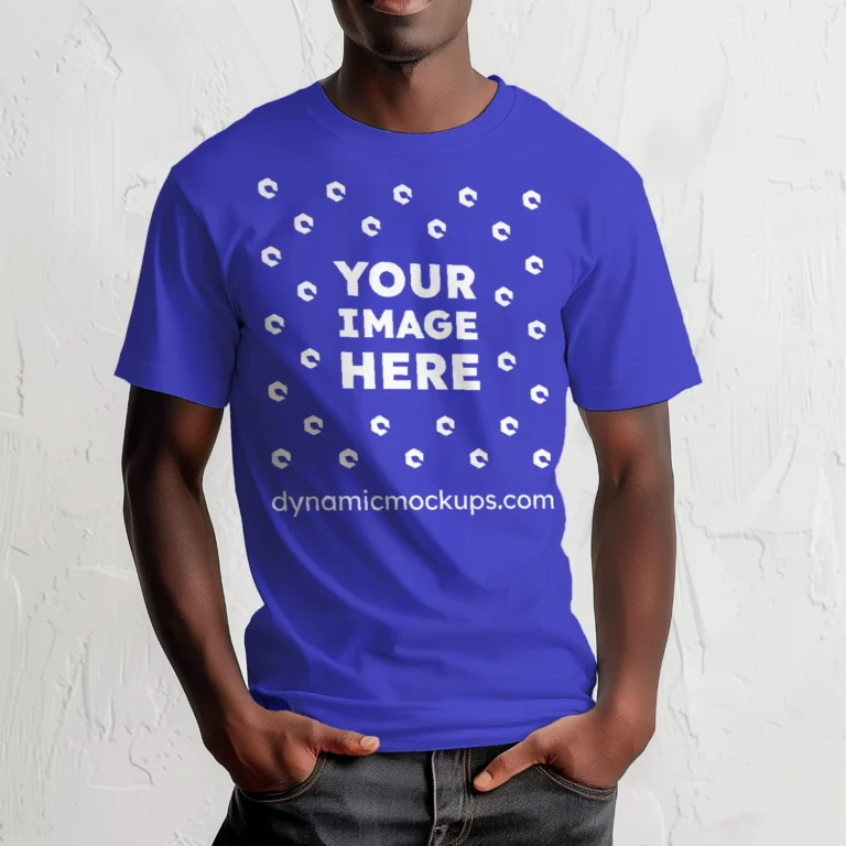 Man Wearing Blue T-shirt Mockup Front View Template