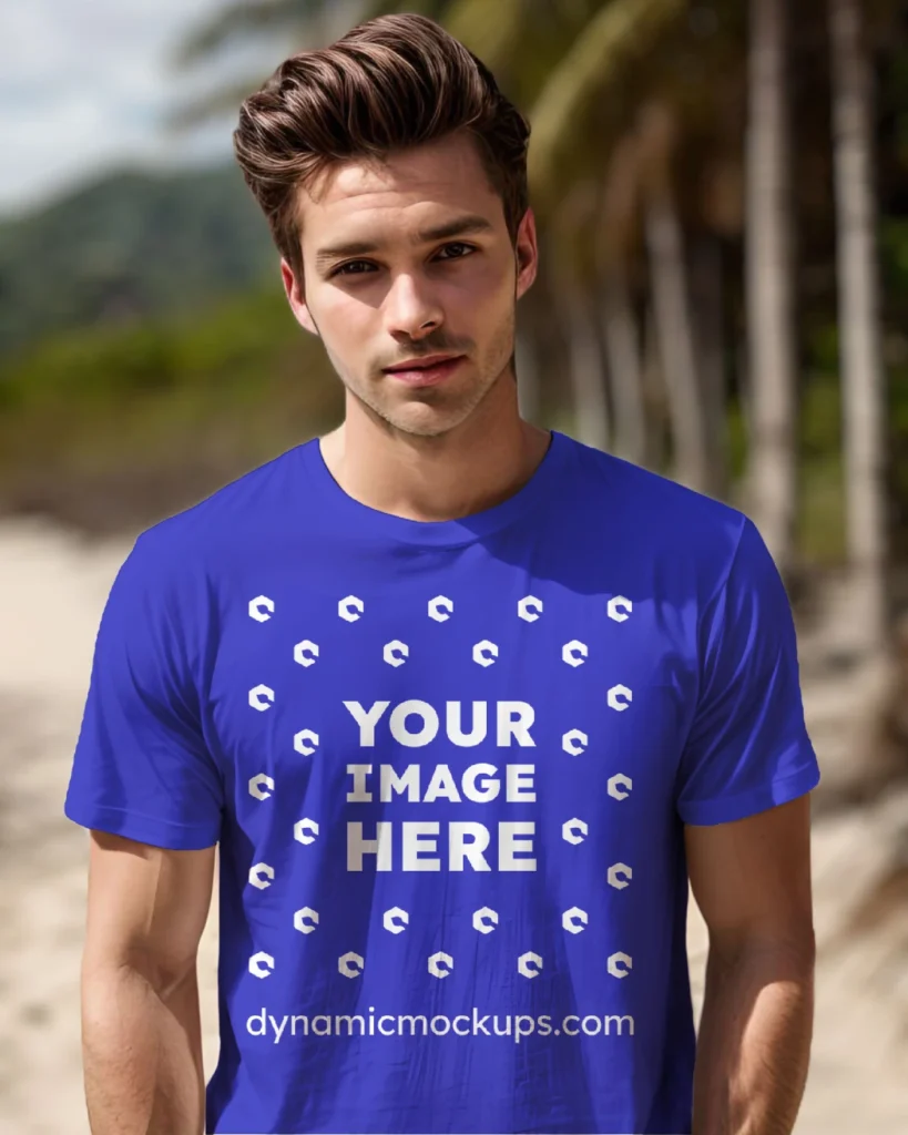 Man Wearing Blue T-shirt Mockup Front View Template