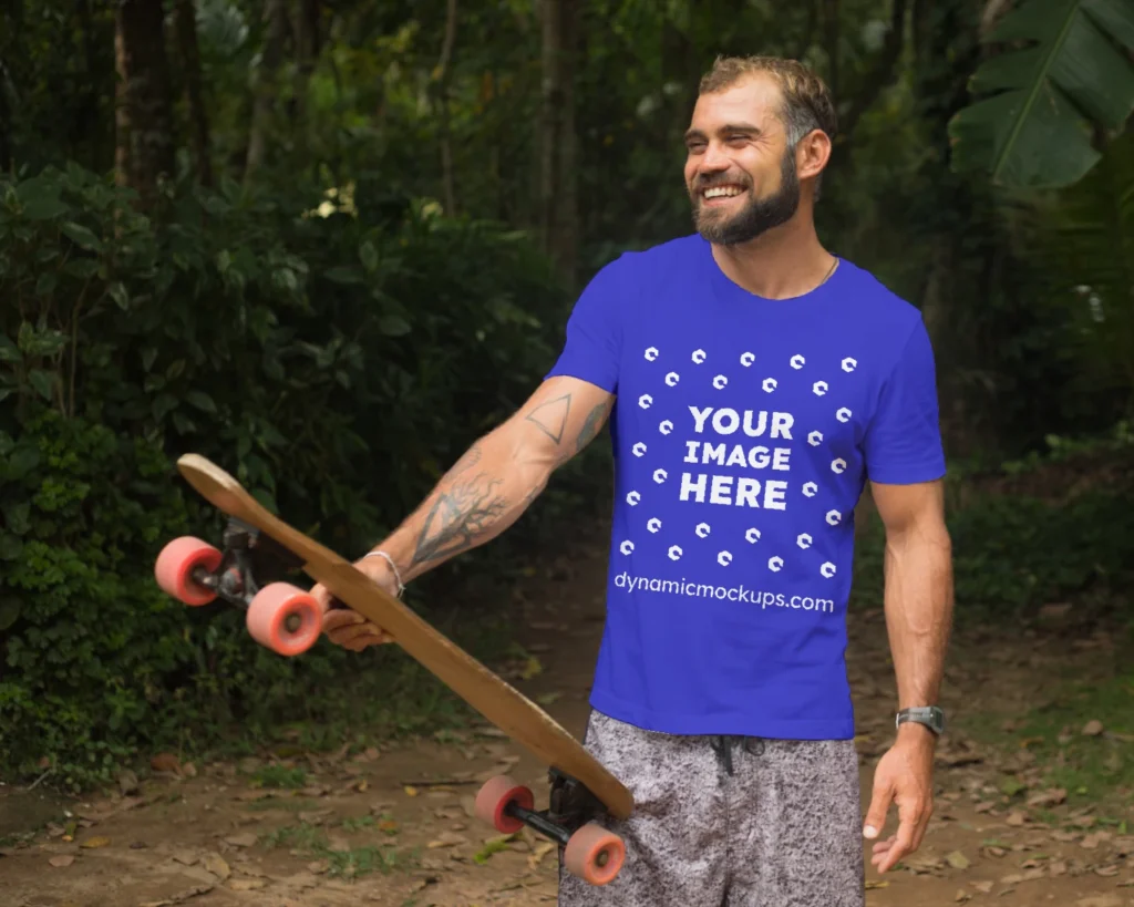 Man Wearing Blue T-shirt Mockup Front View Template