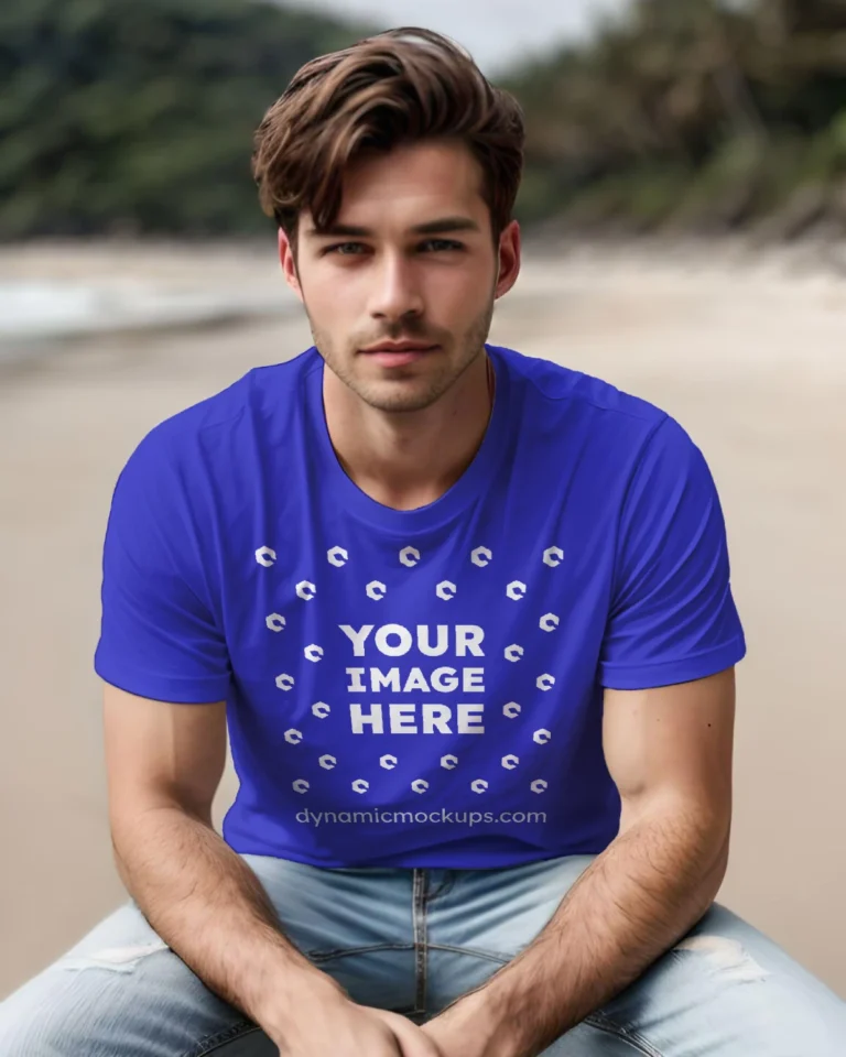 Man Wearing Blue T-shirt Mockup Front View Template