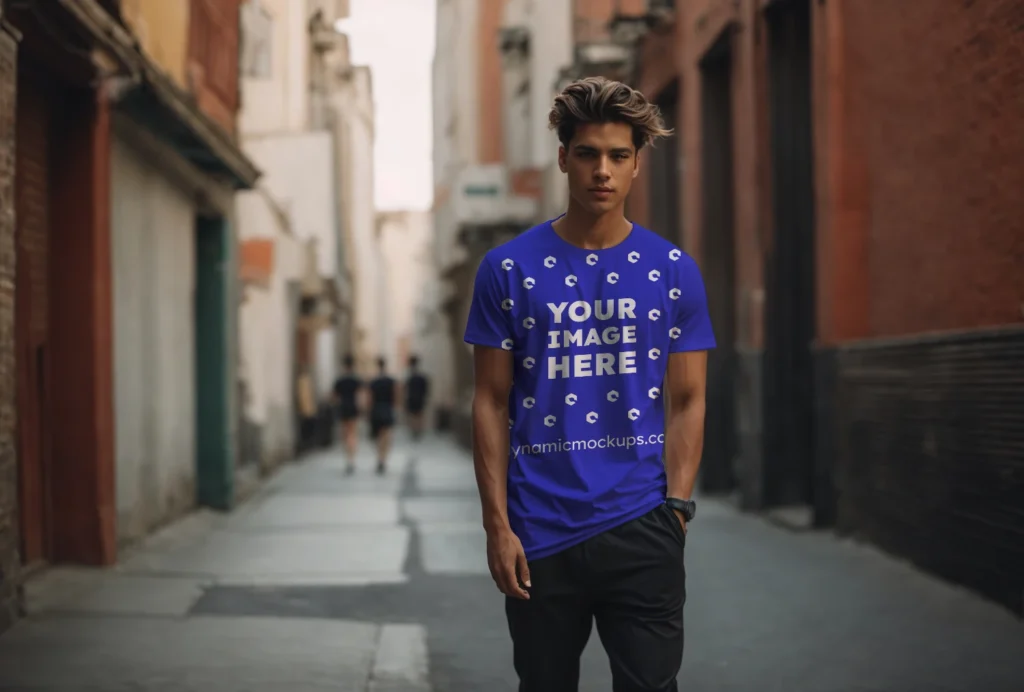 Man Wearing Blue T-shirt Mockup Front View Template