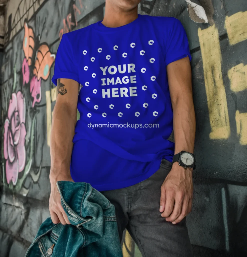 Man Wearing Blue T-shirt Mockup Front View Template