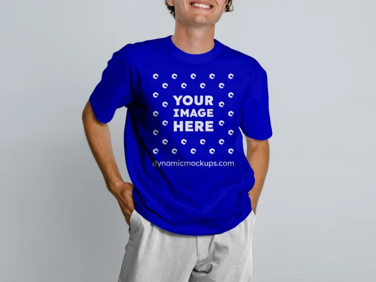 Man Wearing Blue T-shirt Mockup Front View Template