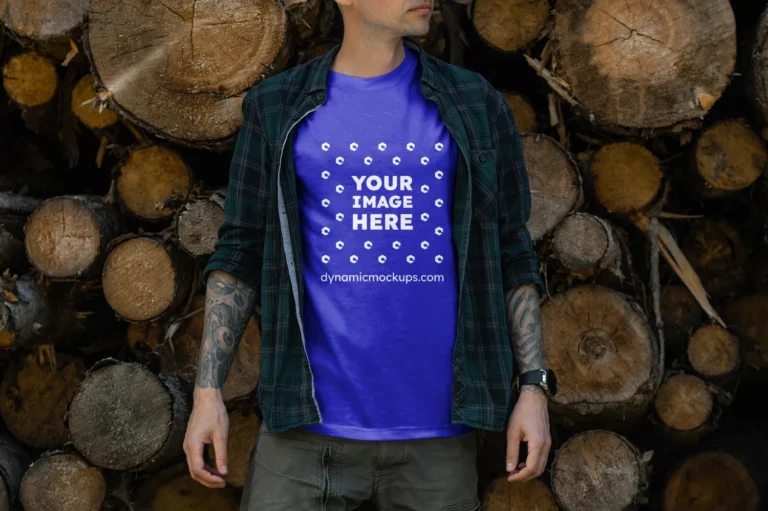 Man Wearing Blue T-shirt Mockup Front View Template