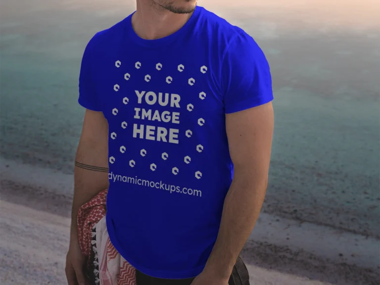 Man Wearing Blue T-shirt Mockup Front View Template