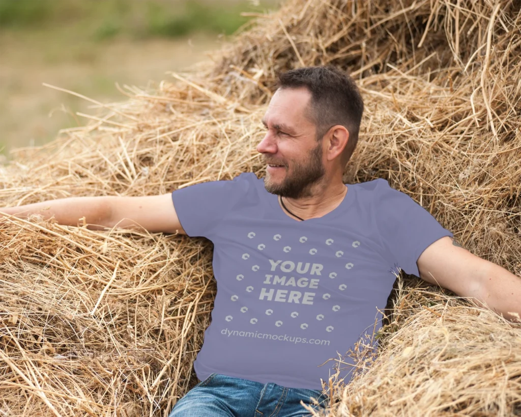 Man Wearing Blue T-shirt Mockup Front View Template