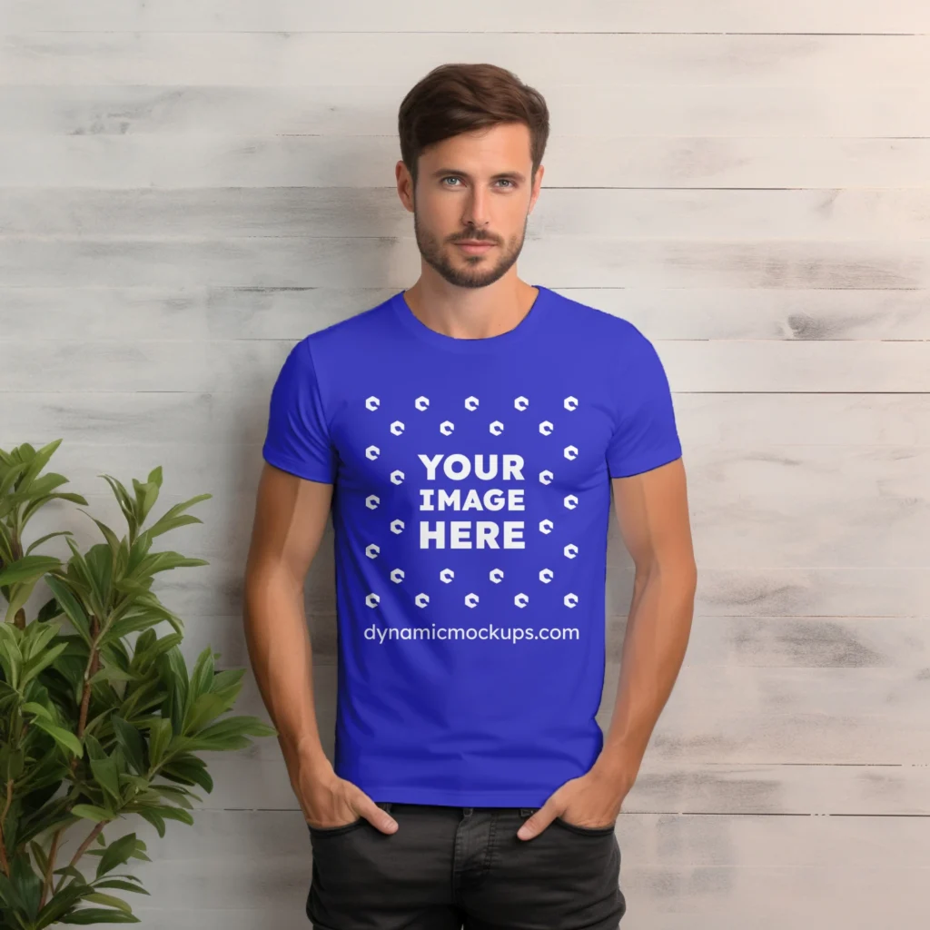 Man Wearing Blue T-shirt Mockup Front View Template