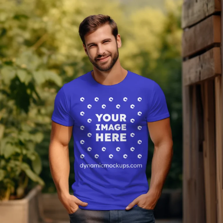 Man Wearing Blue T-shirt Mockup Front View Template