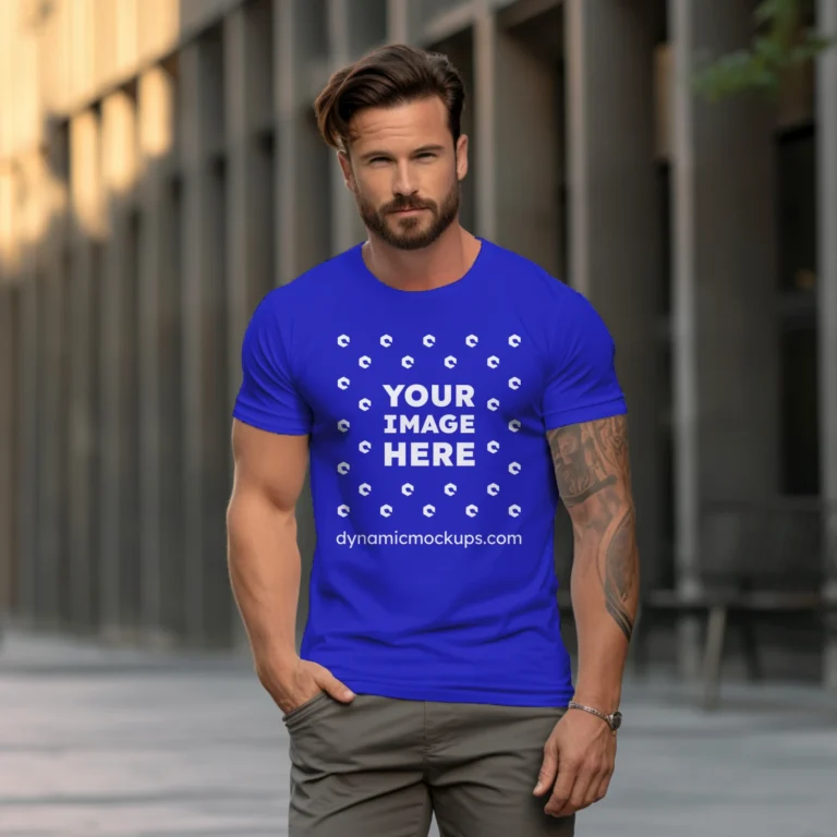 Man Wearing Blue T-shirt Mockup Front View Template