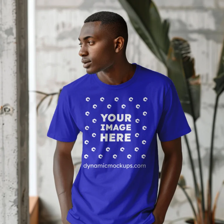 Man Wearing Blue T-shirt Mockup Front View Template