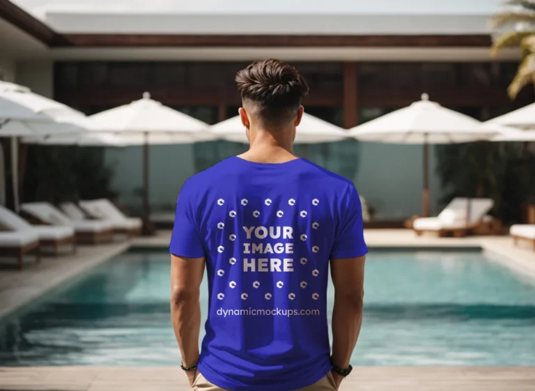 Man Wearing Blue T-shirt Mockup Back View Template