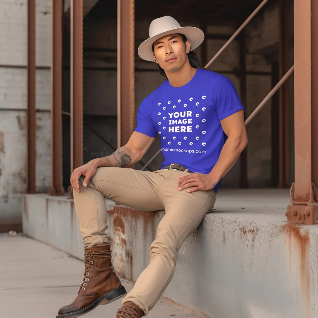 Man Wearing Blue T-shirt Mockup Front View Template