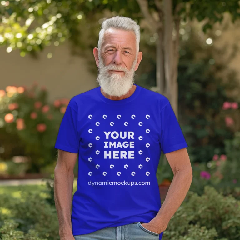 Man Wearing Blue T-shirt Mockup Front View Template