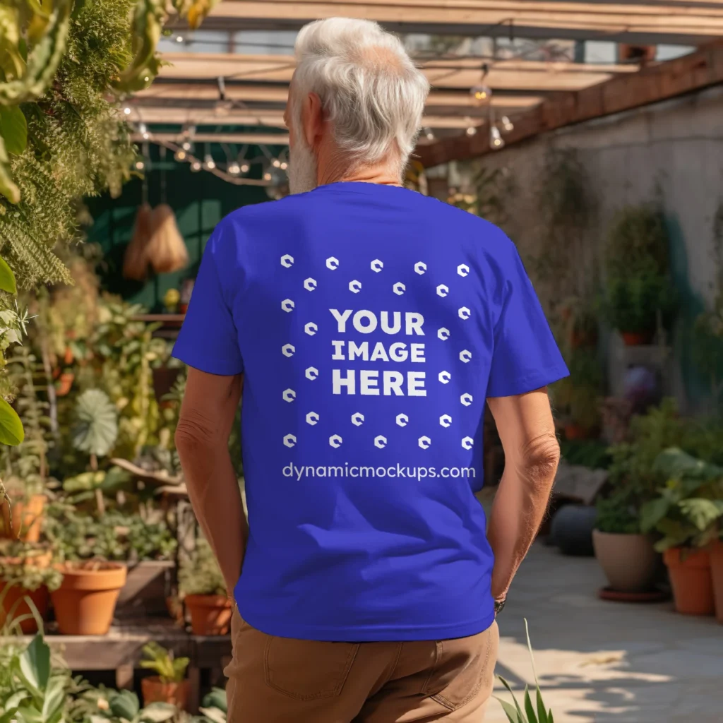 Man Wearing Blue T-shirt Mockup Back View Template