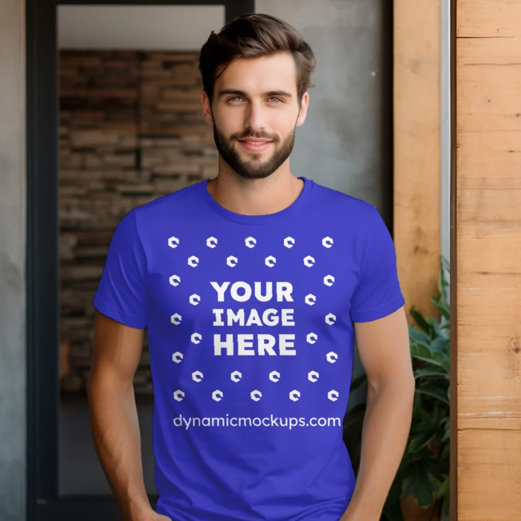 Man Wearing Blue T-shirt Mockup Front View Template