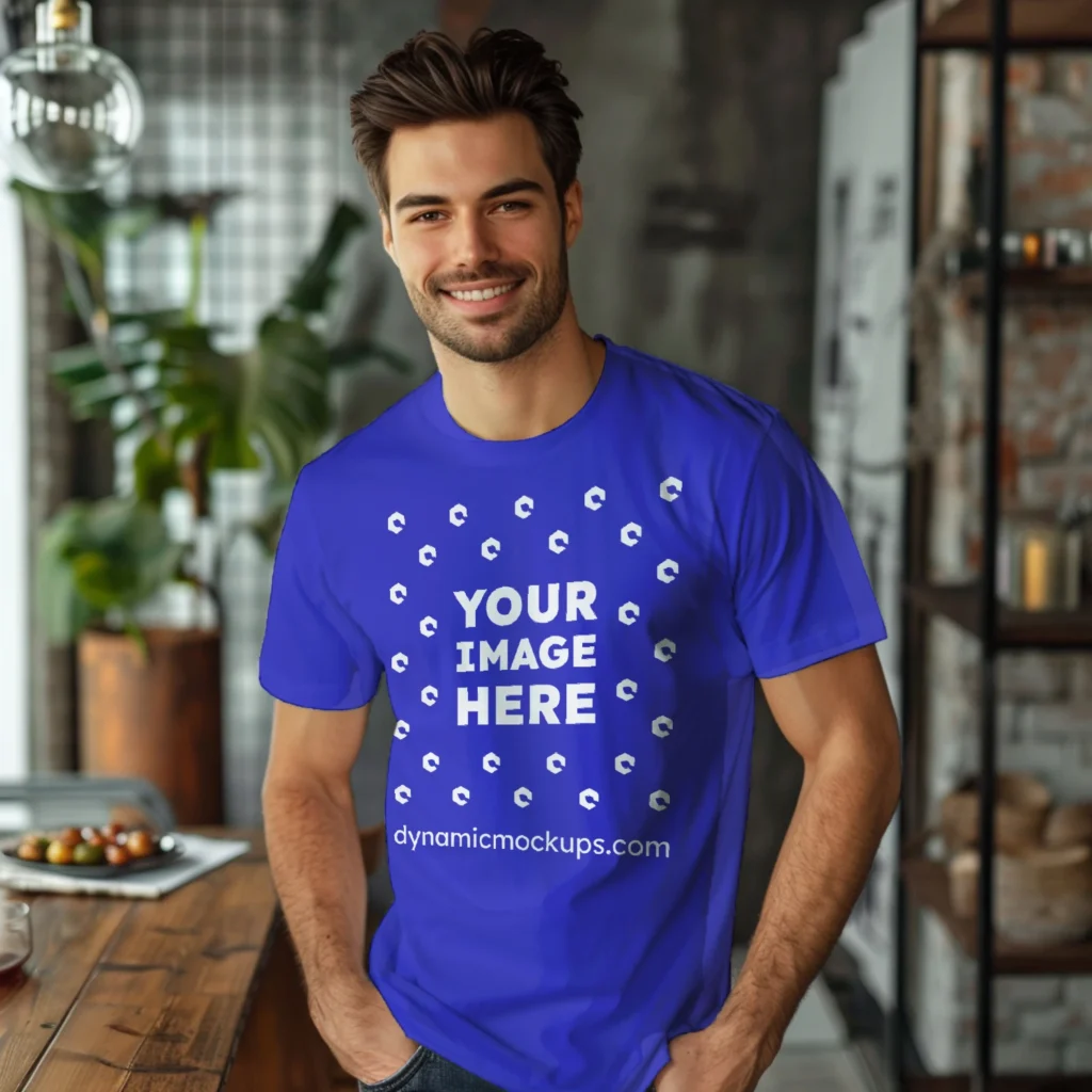 Man Wearing Blue T-shirt Mockup Front View Template