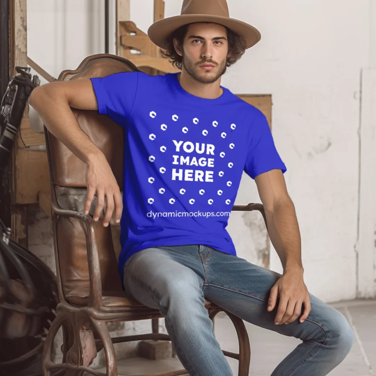 Man Wearing Blue T-shirt Mockup Front View Template