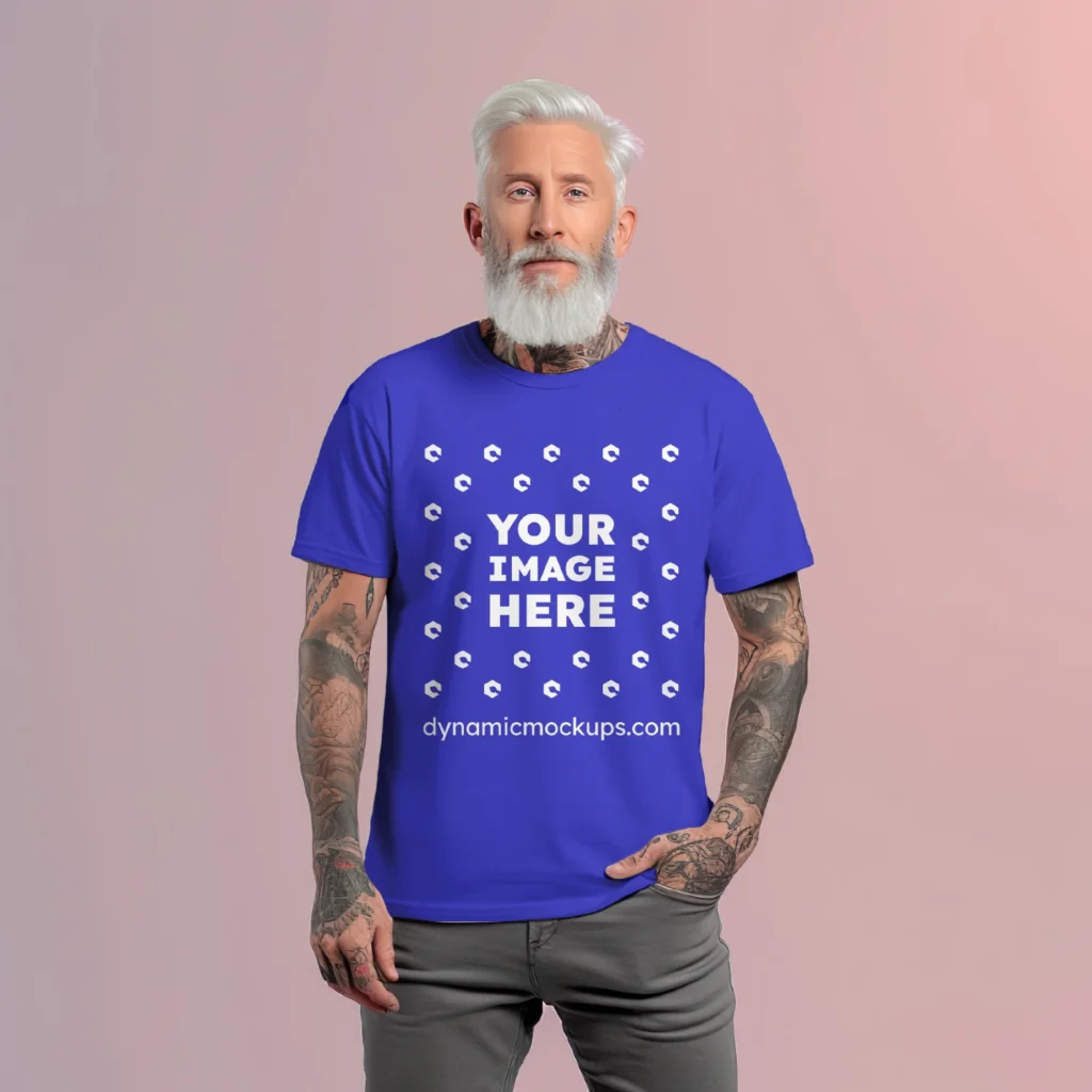 Man Wearing Blue T-shirt Mockup Front View Template