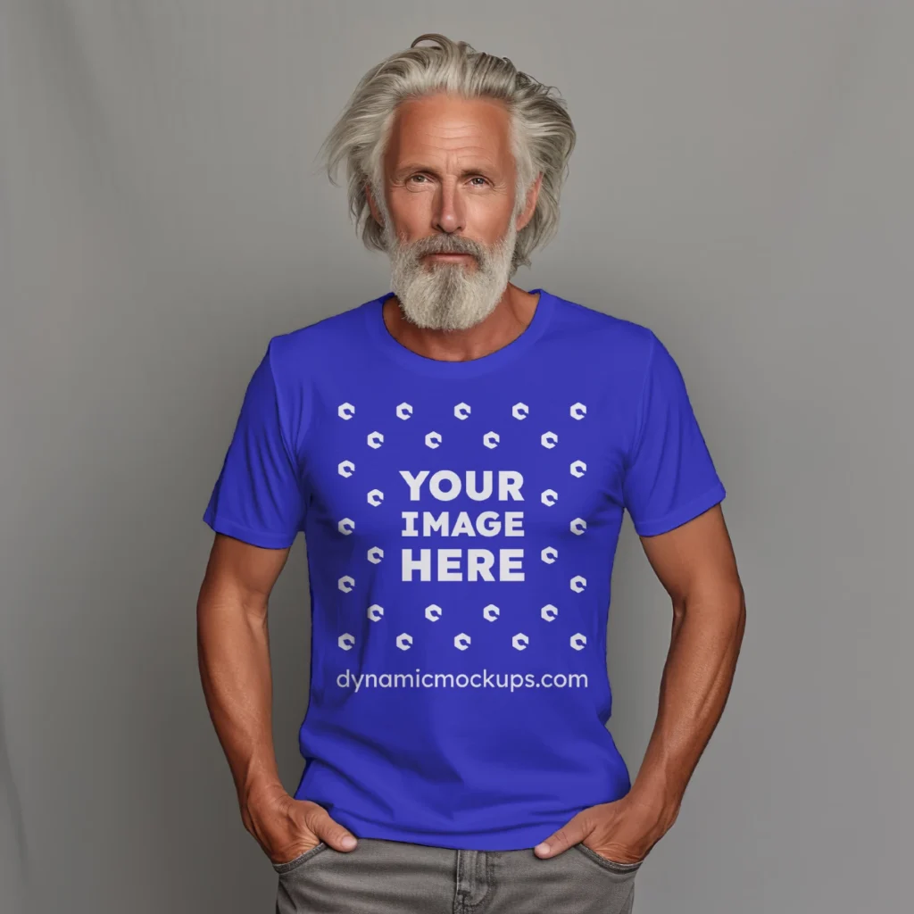 Man Wearing Blue T-shirt Mockup Front View Template