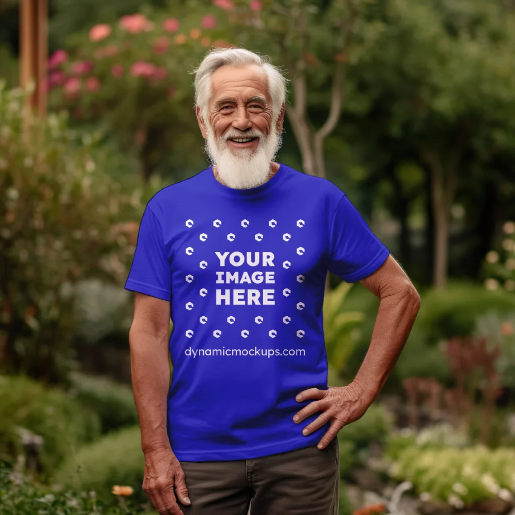 Man Wearing Blue T-shirt Mockup Front View Template