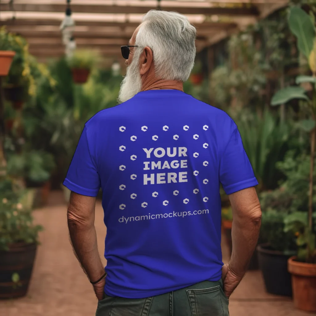 Man Wearing Blue T-shirt Mockup Back View Template