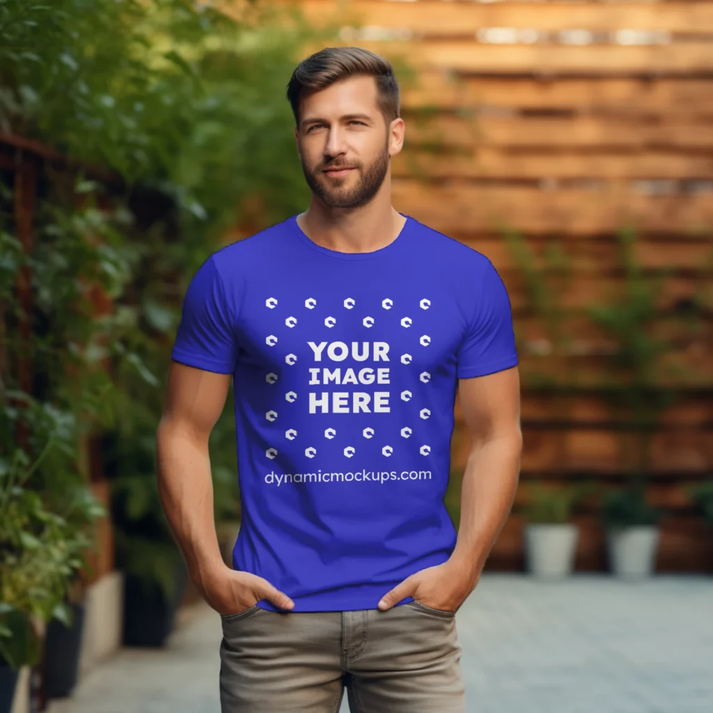 Man Wearing Blue T-shirt Mockup Front View Template