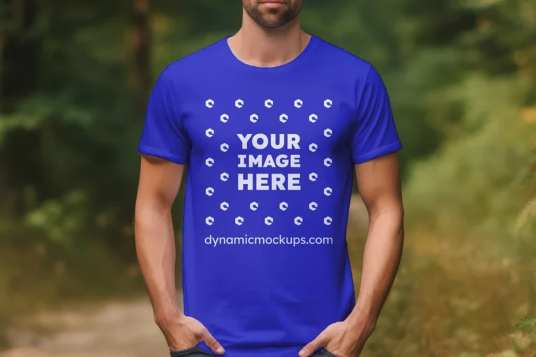 Man Wearing Blue T-shirt Mockup Front View Template