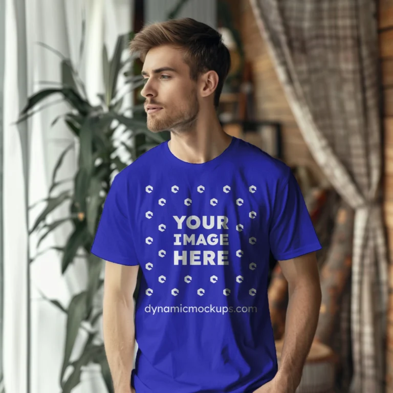 Man Wearing Blue T-shirt Mockup Front View Template