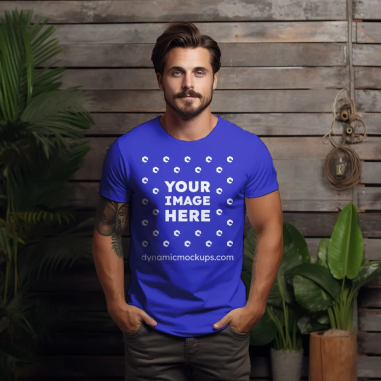 Man Wearing Blue T-shirt Mockup Front View Template