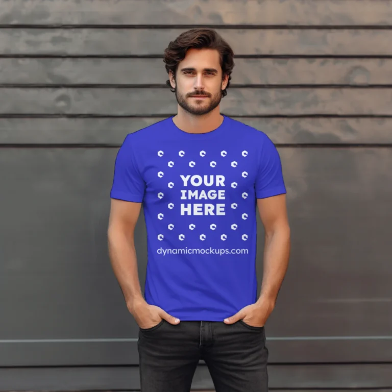 Man Wearing Blue T-shirt Mockup Front View Template