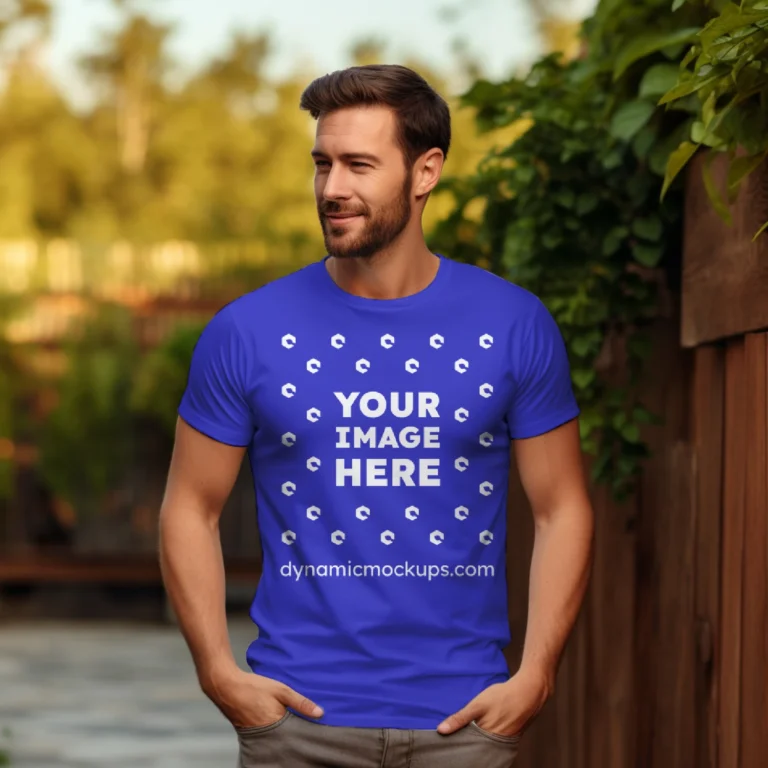 Man Wearing Blue T-shirt Mockup Front View Template