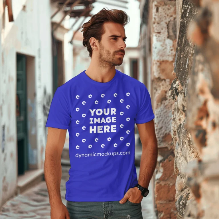 Man Wearing Blue T-shirt Mockup Front View Template