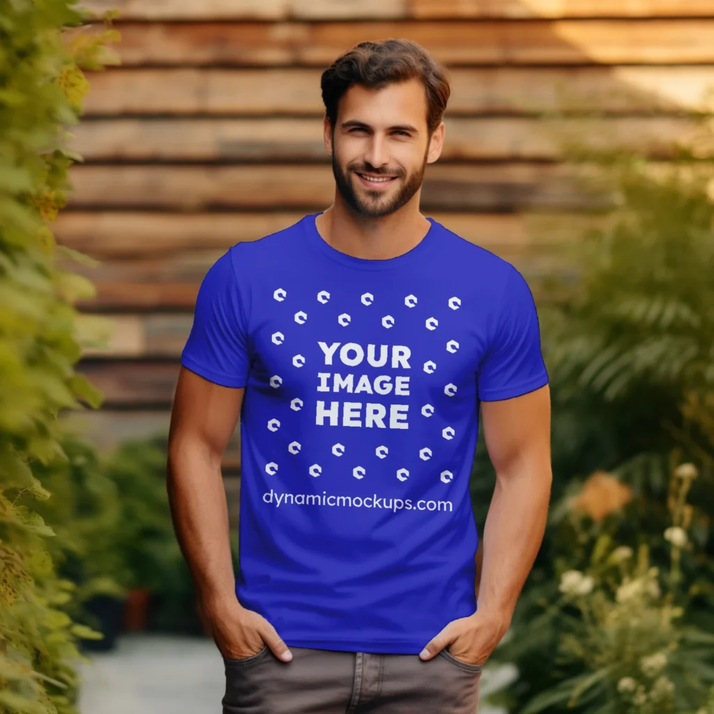 Man Wearing Blue T-shirt Mockup Front View Template