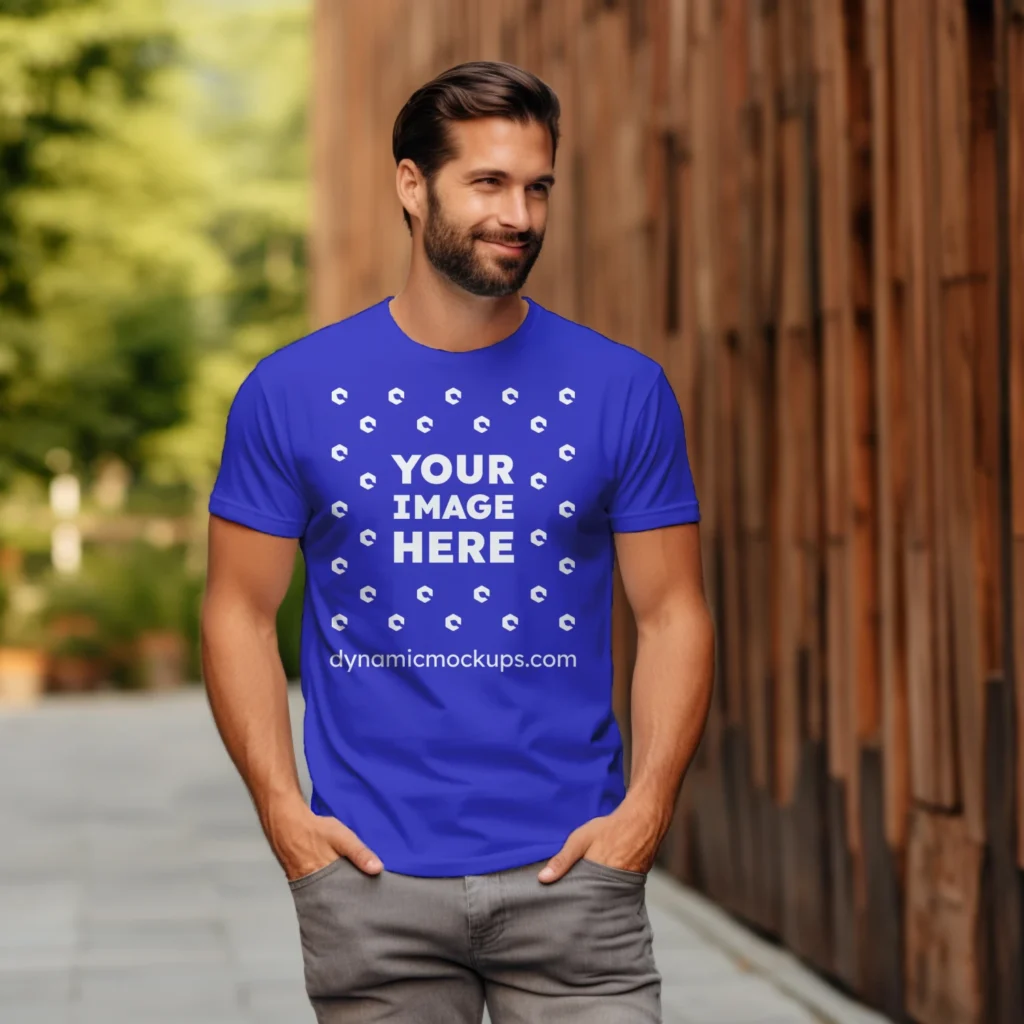 Man Wearing Blue T-shirt Mockup Front View Template